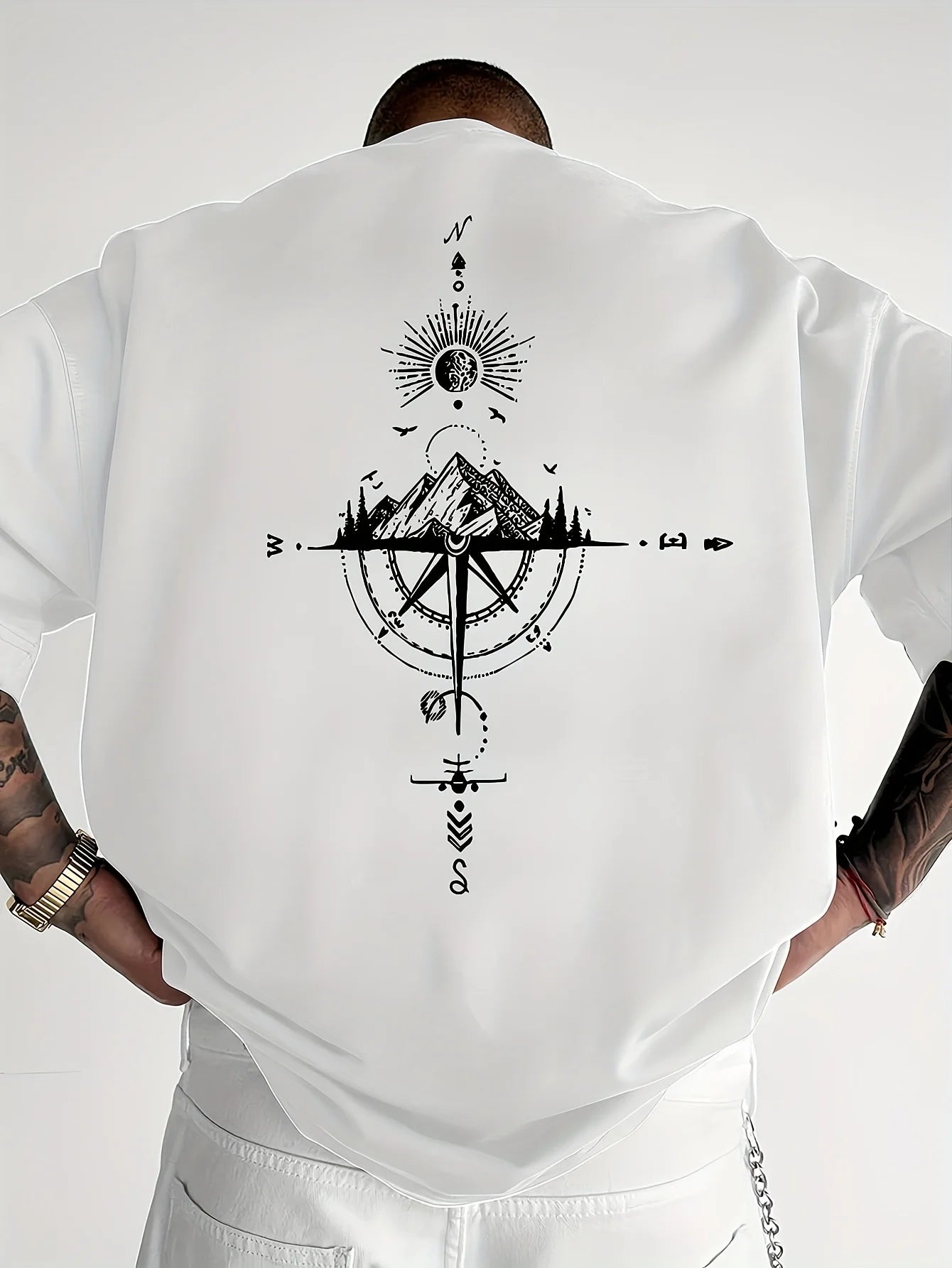 Men's Short Sleeve T-Shirt 100% Polyester Loose Fit Casual Round Neck Navy Blue with Golden Compass Rose Mountain Print