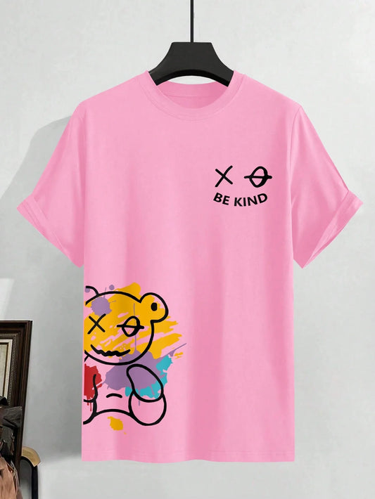 100% algodão puro masculino verão tamanho solto BE KIND carta impressão dos desenhos animados casual confortável em torno do pescoço manga curta camiseta topo