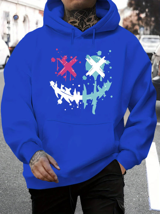 Outono e inverno masculino casual moda solta hoodie com padrão de rosto sorridente impresso manga comprida pulôver quente
