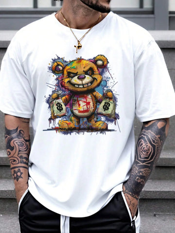 100% algodão masculino verão tamanho solto padrão de urso dos desenhos animados impresso fino ajuste casual esportes em torno do pescoço manga curta camiseta topo