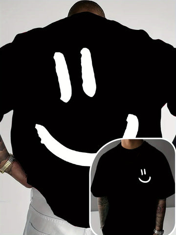 100% algodão masculino moda casual esportes solto rosto sorridente padrão impresso em torno do pescoço manga curta camiseta topo