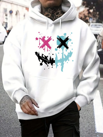Outono e inverno masculino casual moda solta hoodie com padrão de rosto sorridente impresso manga comprida pulôver quente