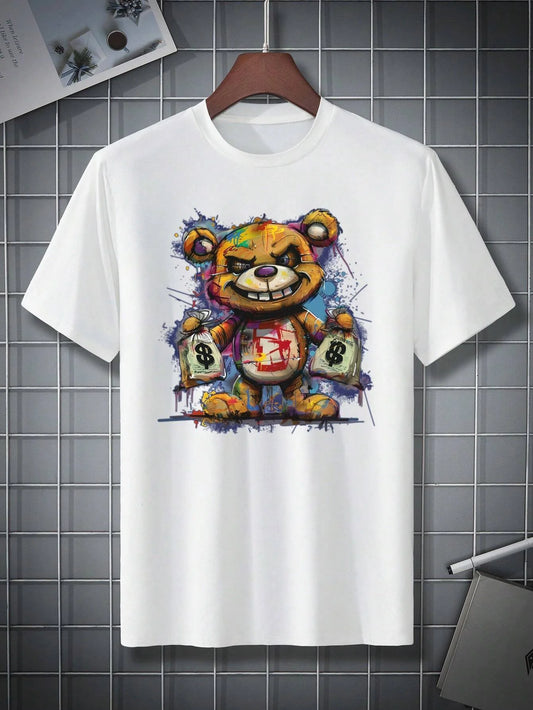 100% algodão masculino verão tamanho solto padrão de urso dos desenhos animados impresso fino ajuste casual esportes em torno do pescoço manga curta camiseta topo