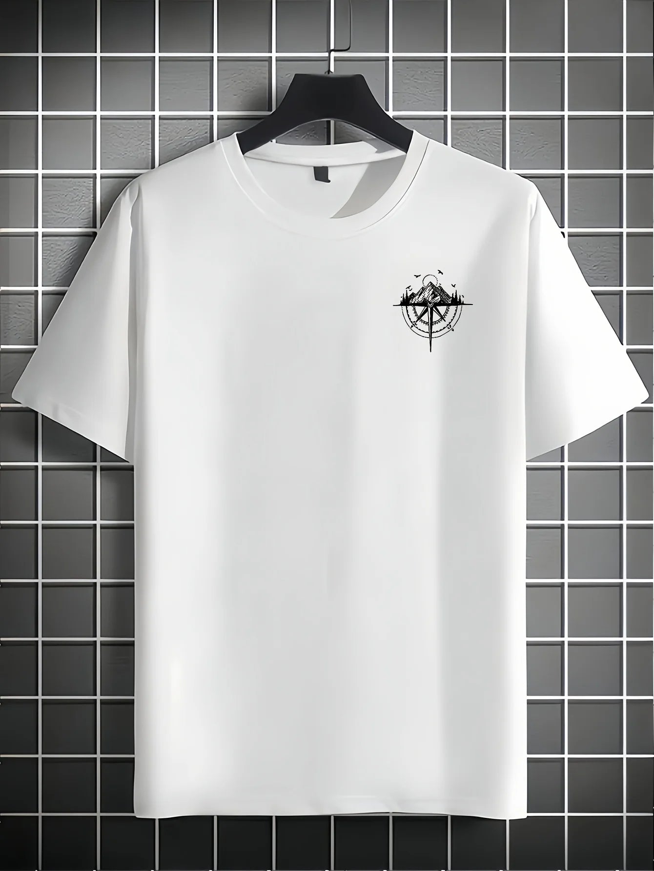 Men's Short Sleeve T-Shirt 100% Polyester Loose Fit Casual Round Neck Navy Blue with Golden Compass Rose Mountain Print