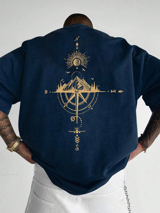 Men's Short Sleeve T-Shirt 100% Polyester Loose Fit Casual Round Neck Navy Blue with Golden Compass Rose Mountain Print