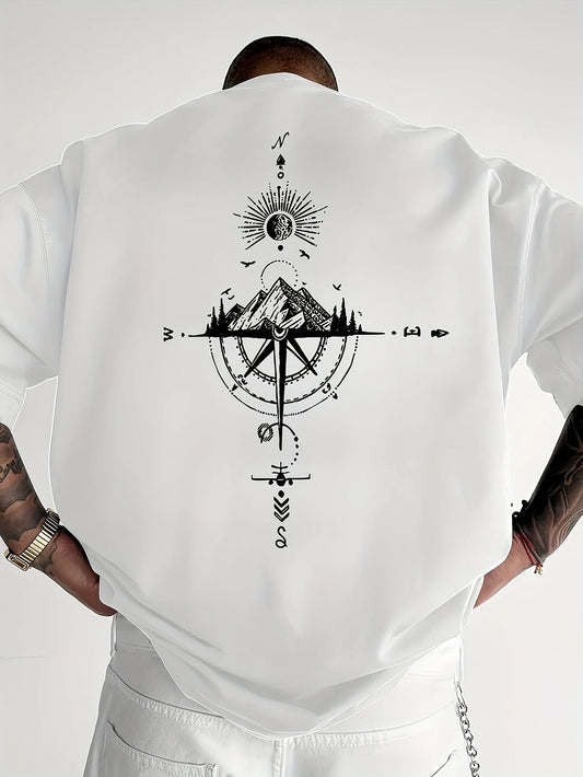 Men's Short Sleeve T-Shirt 100% Polyester Loose Fit Casual Round Neck Navy Blue with Golden Compass Rose Mountain Print