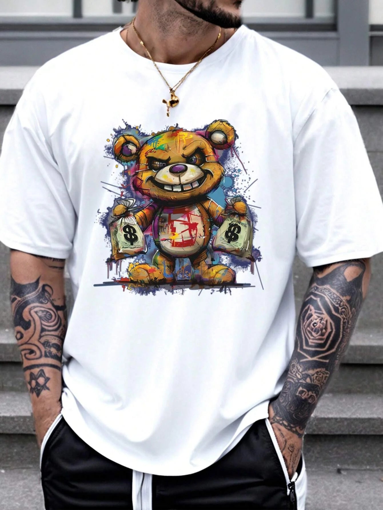 100% algodão masculino verão tamanho solto padrão de urso dos desenhos animados impresso fino ajuste casual esportes em torno do pescoço manga curta camiseta topo