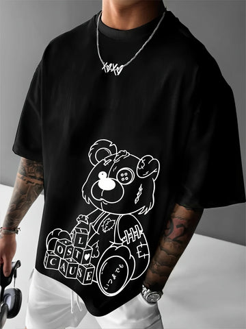 Verão masculino 100% algodão puro moda casual esportes solto dos desenhos animados urso padrão impressão em torno do pescoço manga curta camiseta topo