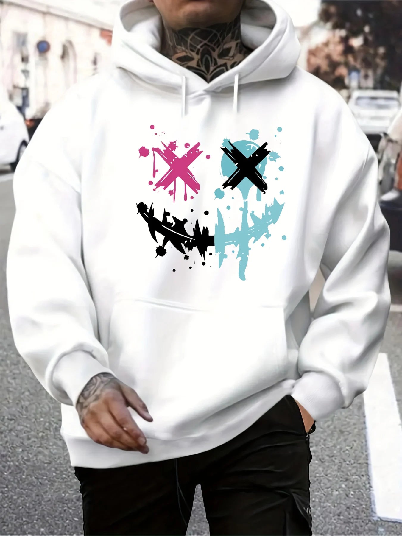 Outono e inverno masculino casual moda solta hoodie com padrão de rosto sorridente impresso manga comprida pulôver quente