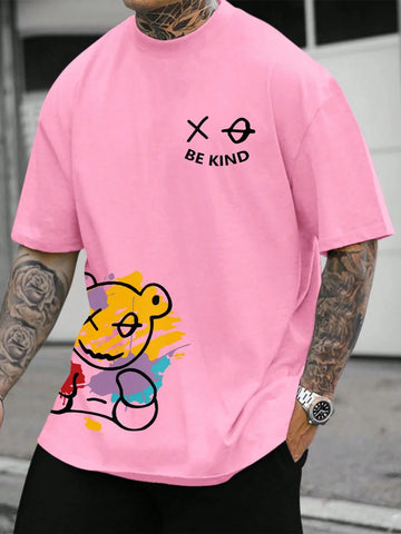 100% algodão puro masculino verão tamanho solto BE KIND carta impressão dos desenhos animados casual confortável em torno do pescoço manga curta camiseta topo