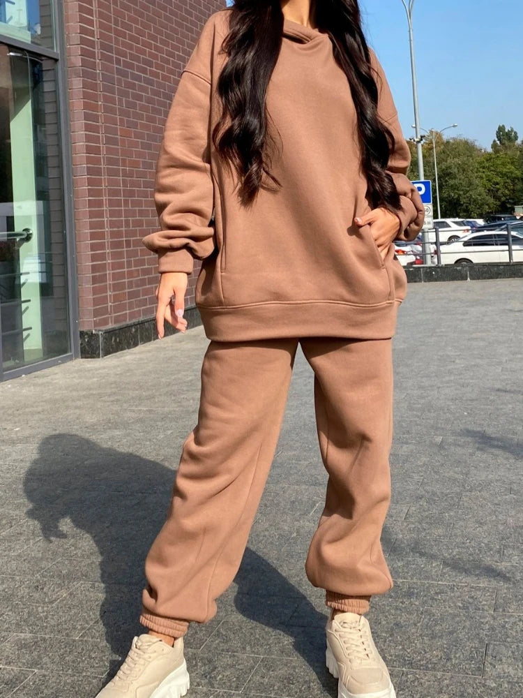 2025 New Fashion Solid Color Hooded Sweater Casual Two-piece Suit Women Moda Fitness Feminina Vêtements Sport Femme