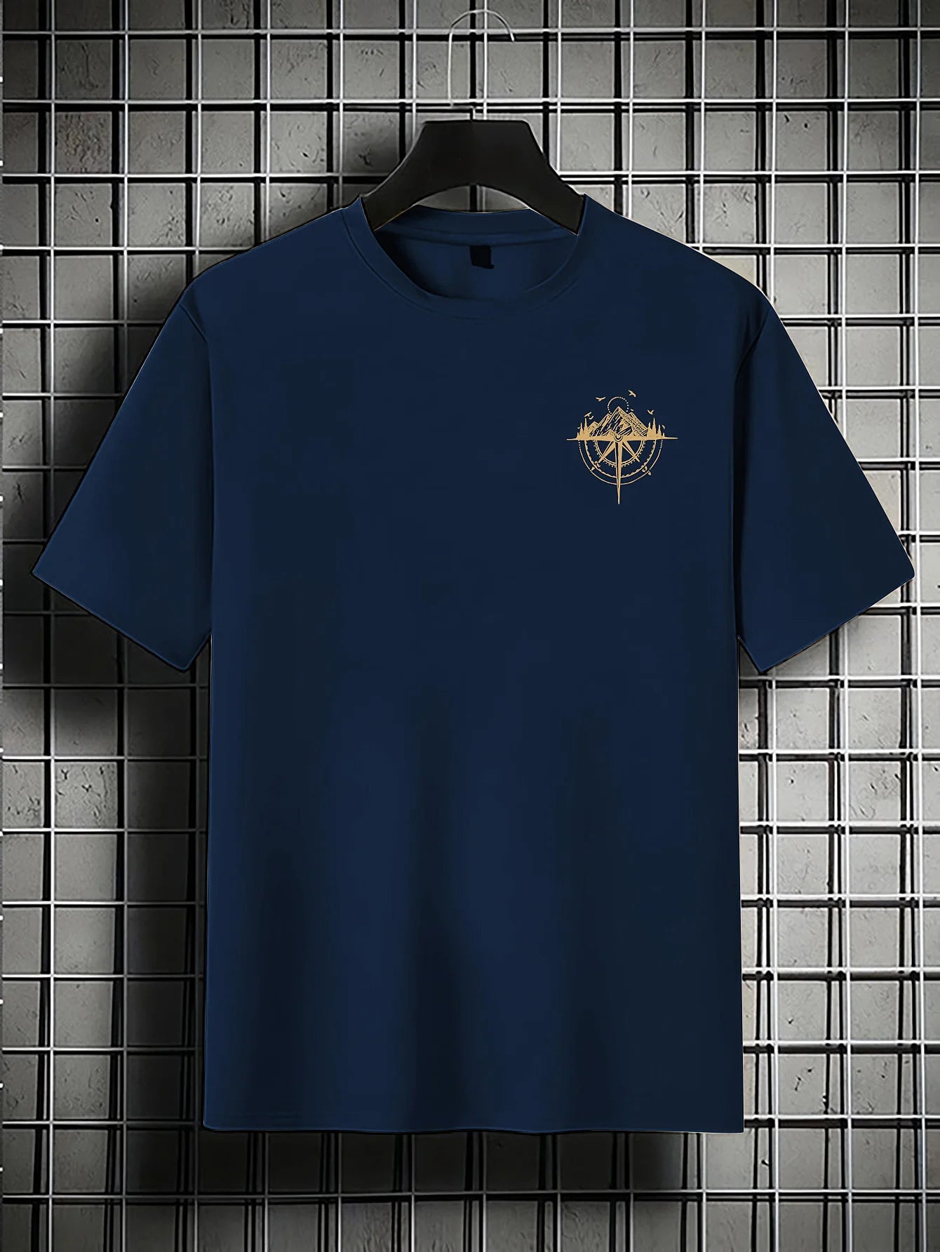 Men's Short Sleeve T-Shirt 100% Polyester Loose Fit Casual Round Neck Navy Blue with Golden Compass Rose Mountain Print